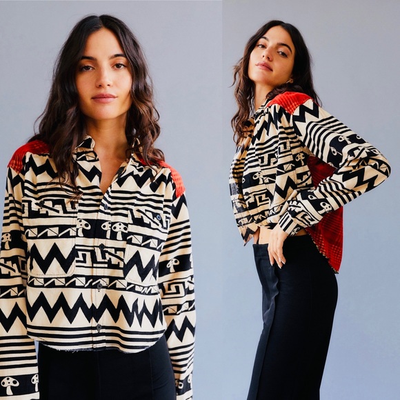 Urban Outfitters BDG Striped Geometric Plaid Corduroy Button Up Crop Top | S